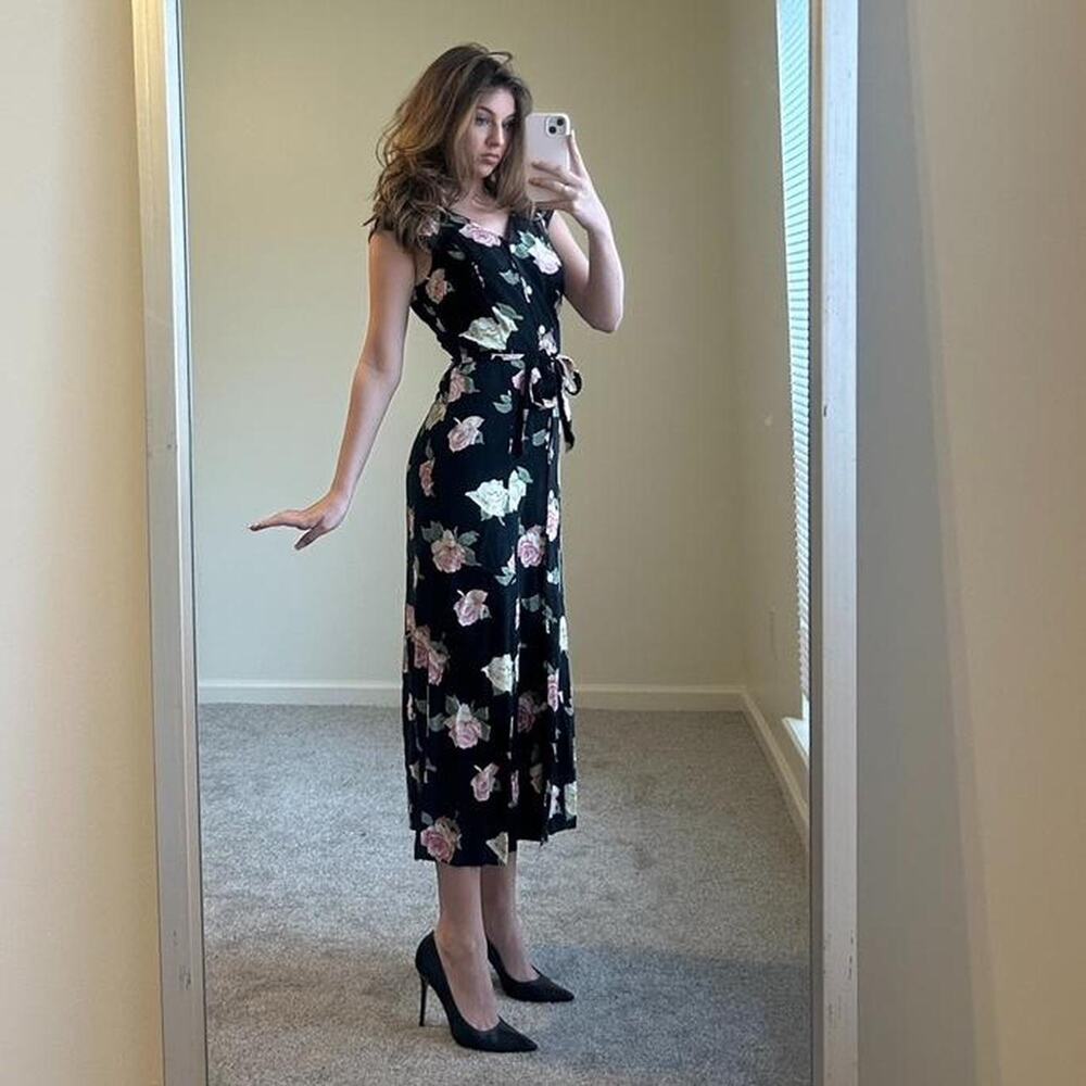 vintage 90s black floral cap sleeve maxi dress with tie belt